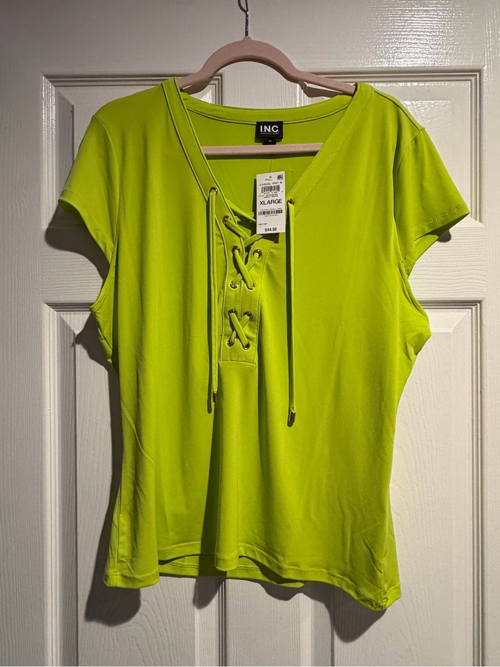 INC International Concepts Neon Lime Lace-Up V-Neck Short Sleeve Top